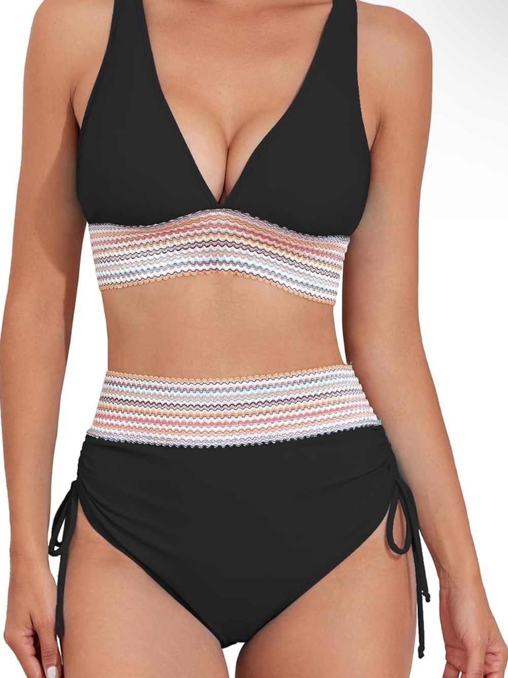 Women’s Black High-Waist Two-Piece Swim Set with Textured Waistband from Amazon